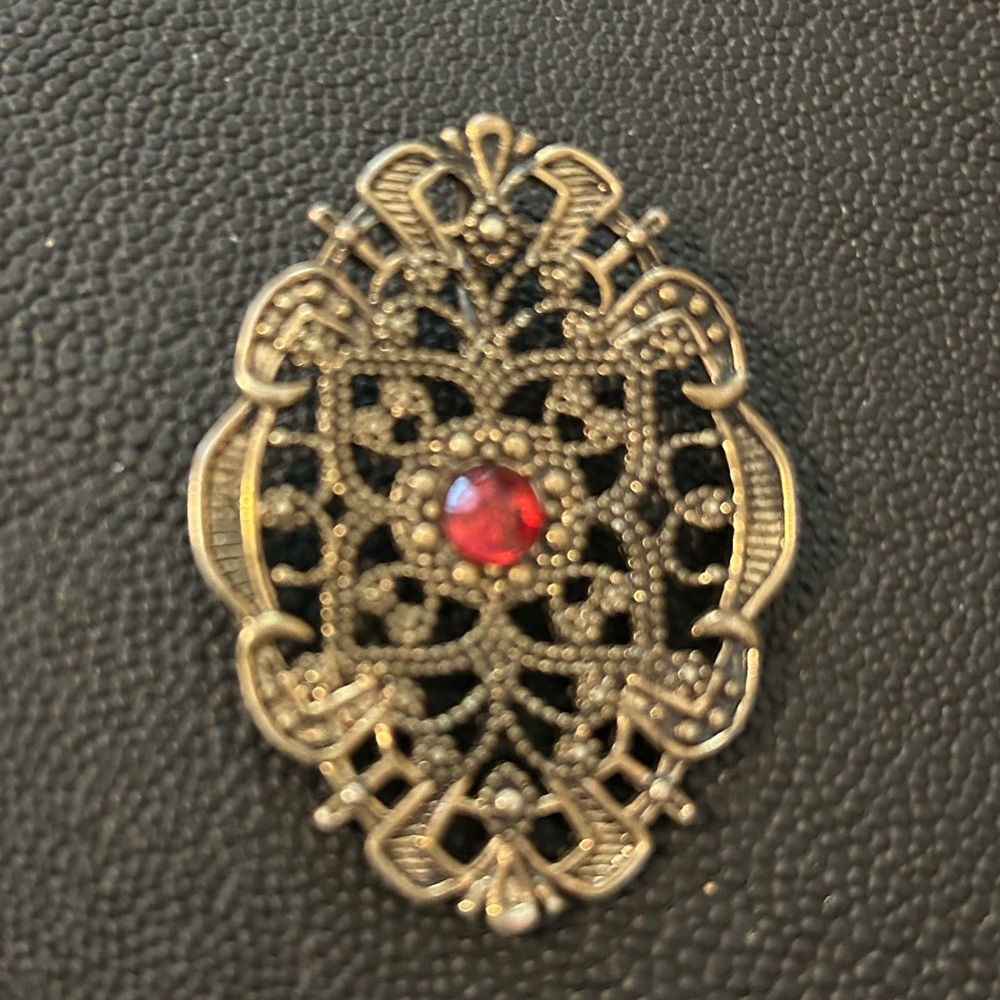 Large Vintage Antiqued Gold and Red Filigree pendant